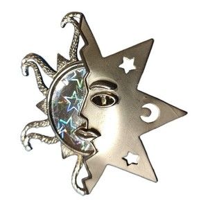 Sun Moon Stars Hologram Large Statement Brooch Silver Stainless JJ Jonette Vtg